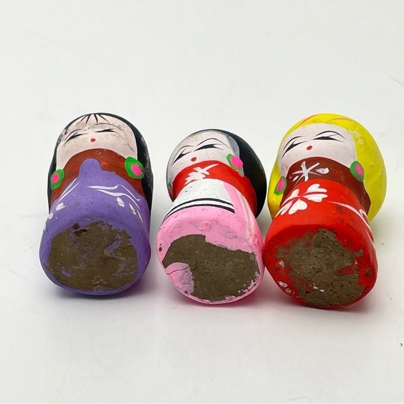 VINTAGE Hand Painted Kokeshi 1” Clay Dolls Lot of 3 - Picture 2 of 10